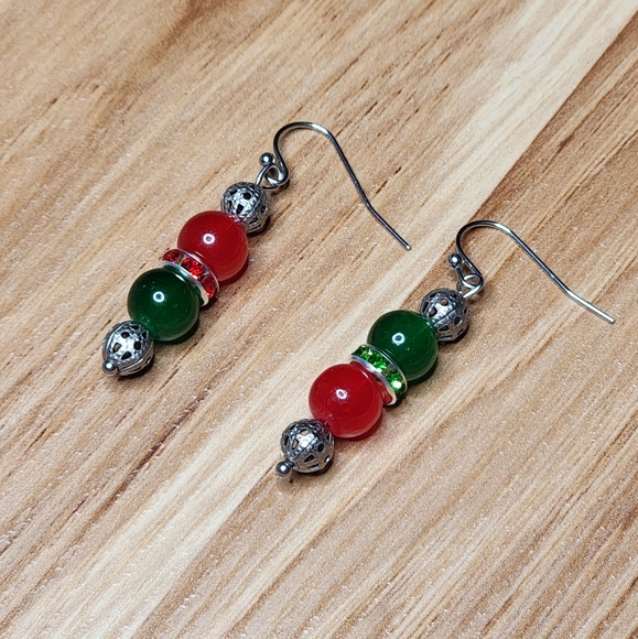 Christmas Dangle Glass Beaded Earrings Rhinestone Antique Silver Beads Handmade - Picture 3 of 4